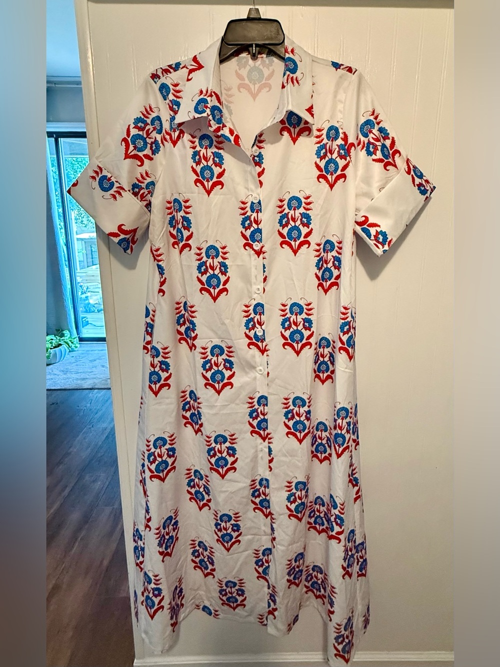White Button-Down Dress with Red and Blue Floral Print